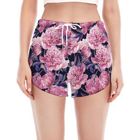 Vintage Pink Peony Floral Print Women's Split Running Shorts