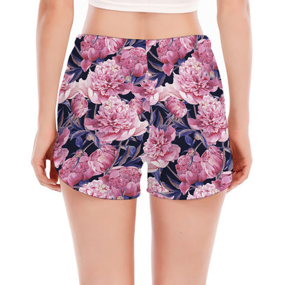 Vintage Pink Peony Floral Print Women's Split Running Shorts