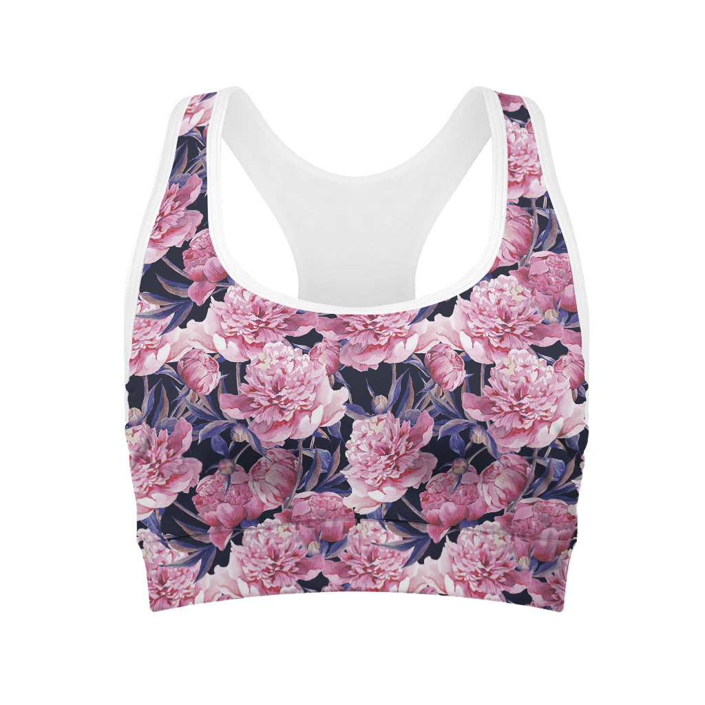 Vintage Pink Peony Floral Print Women's Sports Bra