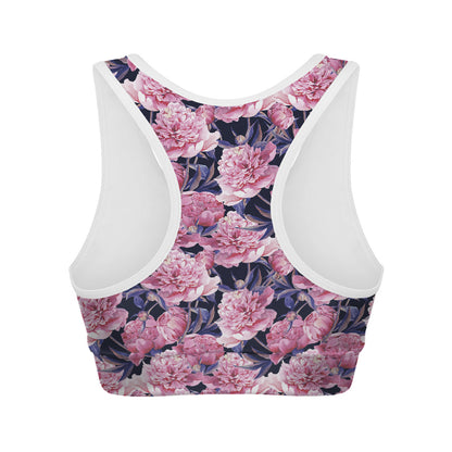 Vintage Pink Peony Floral Print Women's Sports Bra