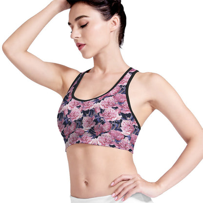 Vintage Pink Peony Floral Print Women's Sports Bra