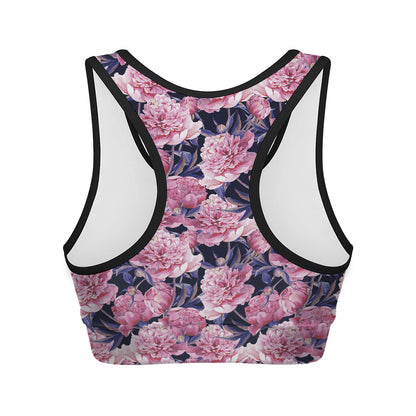 Vintage Pink Peony Floral Print Women's Sports Bra