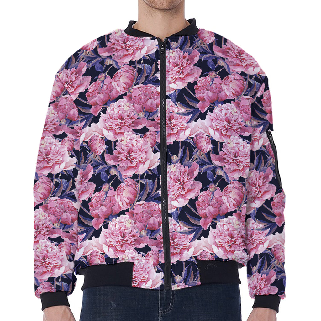 Vintage Pink Peony Floral Print Zip Sleeve Bomber Jacket