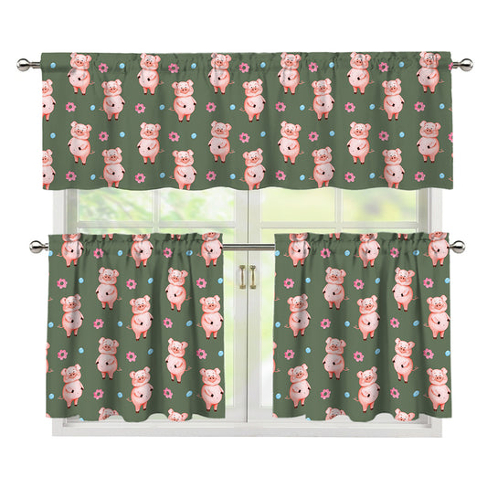 Vintage Pink Pig Pattern Print 3 Piece Kitchen Curtains