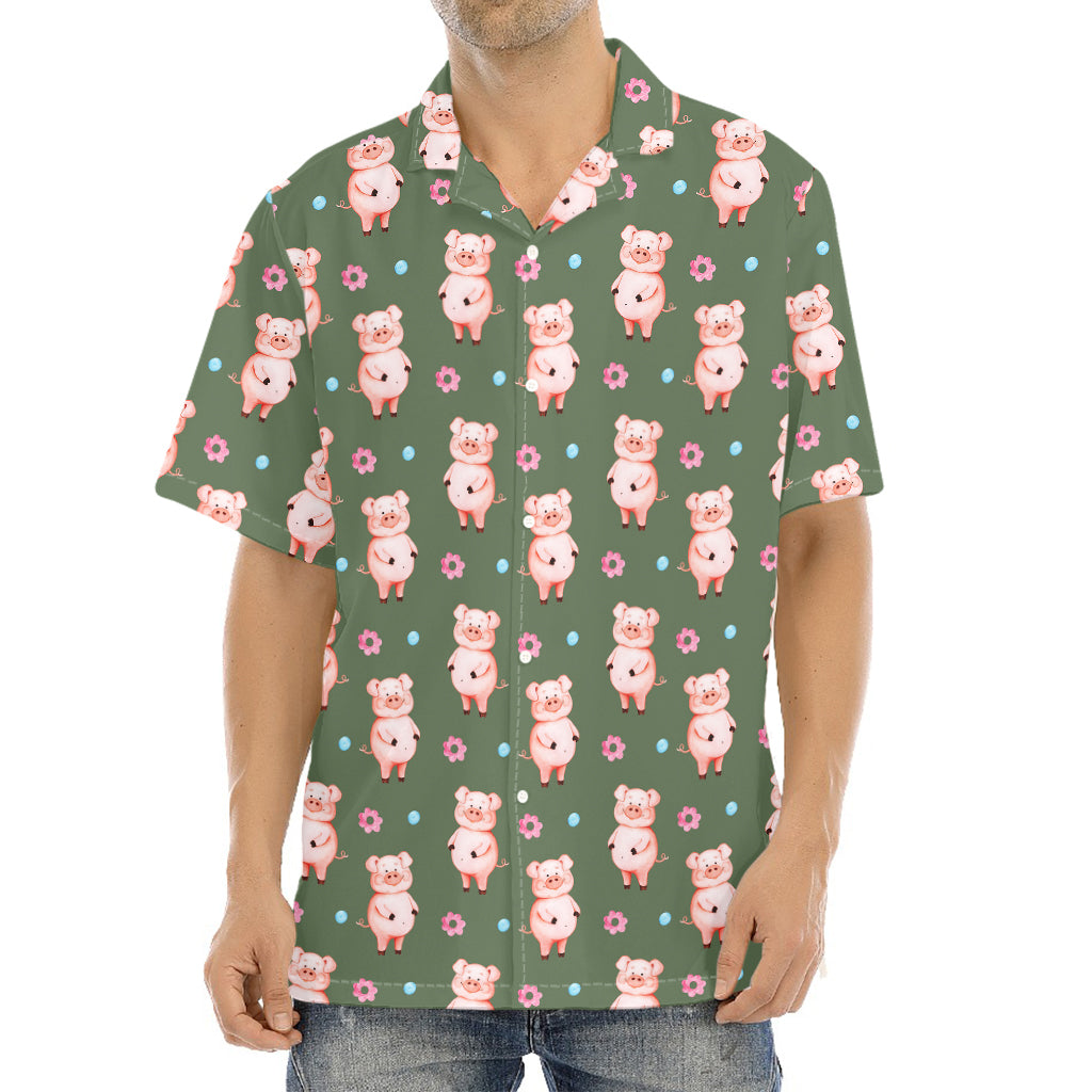 Vintage Pink Pig Pattern Print Aloha Shirt