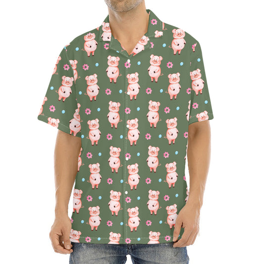 Vintage Pink Pig Pattern Print Aloha Shirt