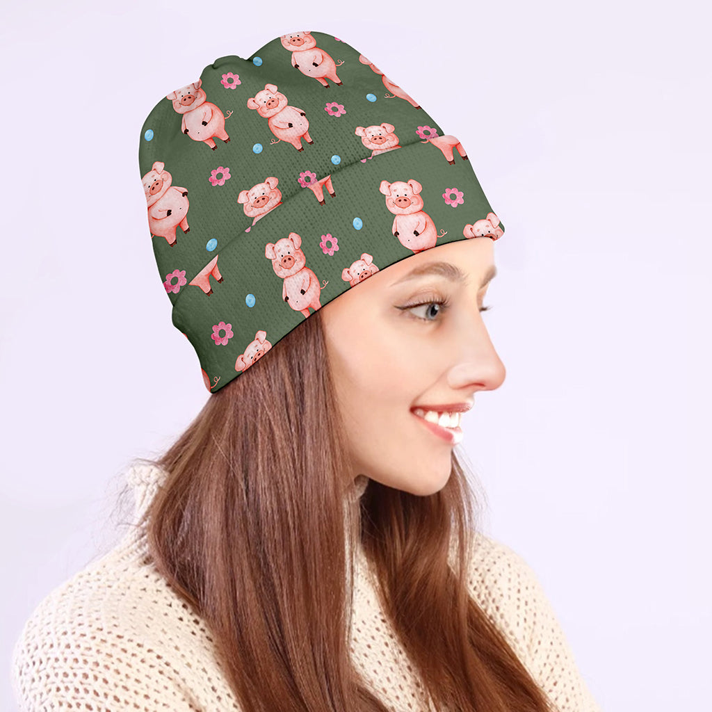 Vintage Pink Pig Pattern Print Beanie