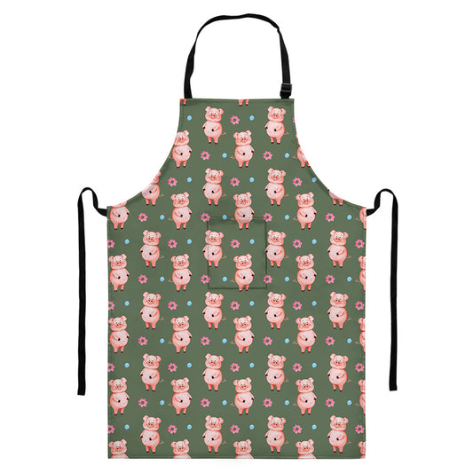 Vintage Pink Pig Pattern Print Bib Apron With Pocket