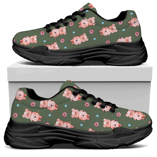Vintage Pink Pig Pattern Print Black Chunky Shoes