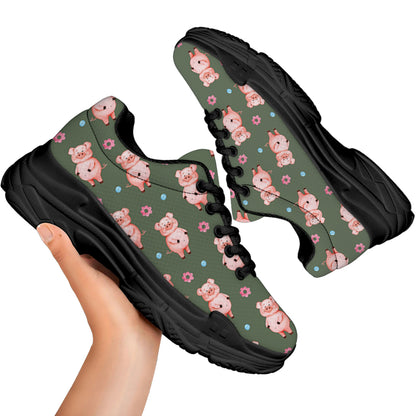 Vintage Pink Pig Pattern Print Black Chunky Shoes