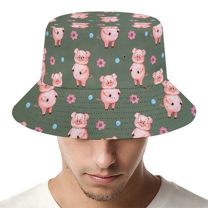 Vintage Pink Pig Pattern Print Bucket Hat