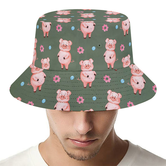 Vintage Pink Pig Pattern Print Bucket Hat