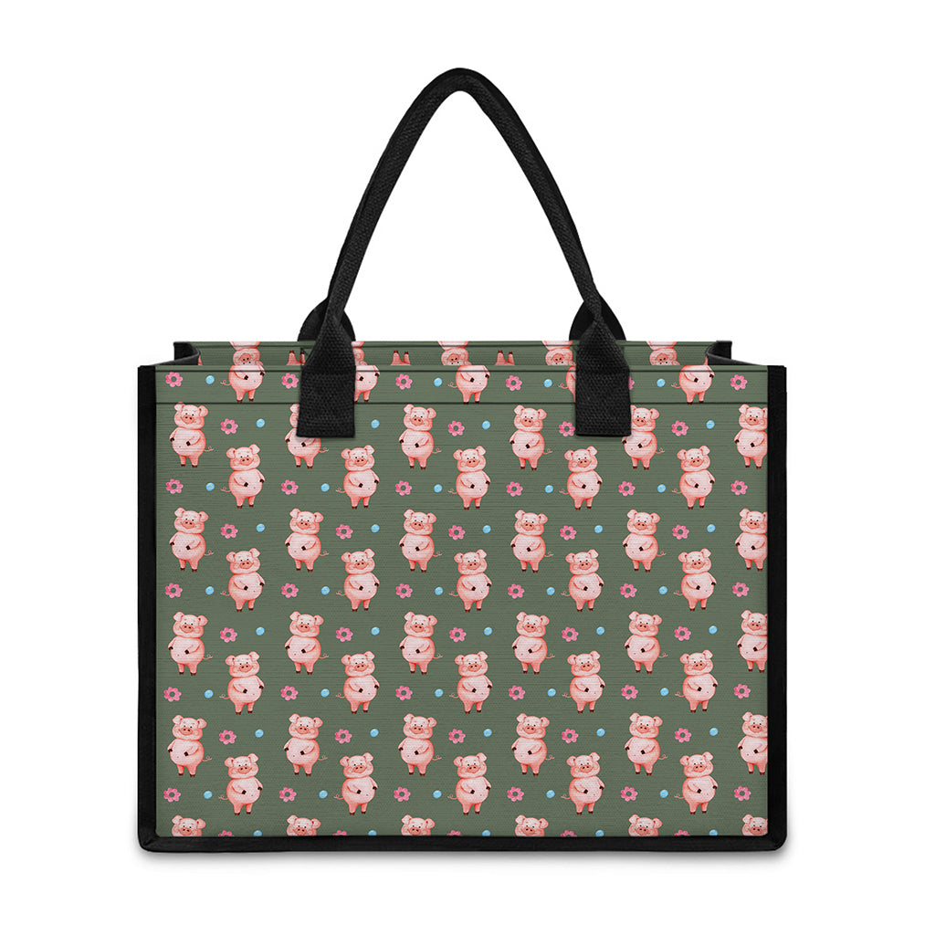 Vintage Pink Pig Pattern Print Canvas Tote Bag