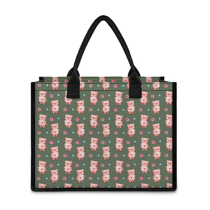 Vintage Pink Pig Pattern Print Canvas Tote Bag