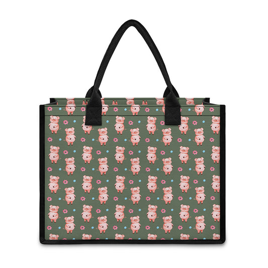 Vintage Pink Pig Pattern Print Canvas Tote Bag