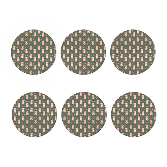 Vintage Pink Pig Pattern Print Coaster Set