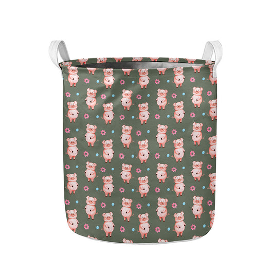 Vintage Pink Pig Pattern Print Collapsible Laundry Basket