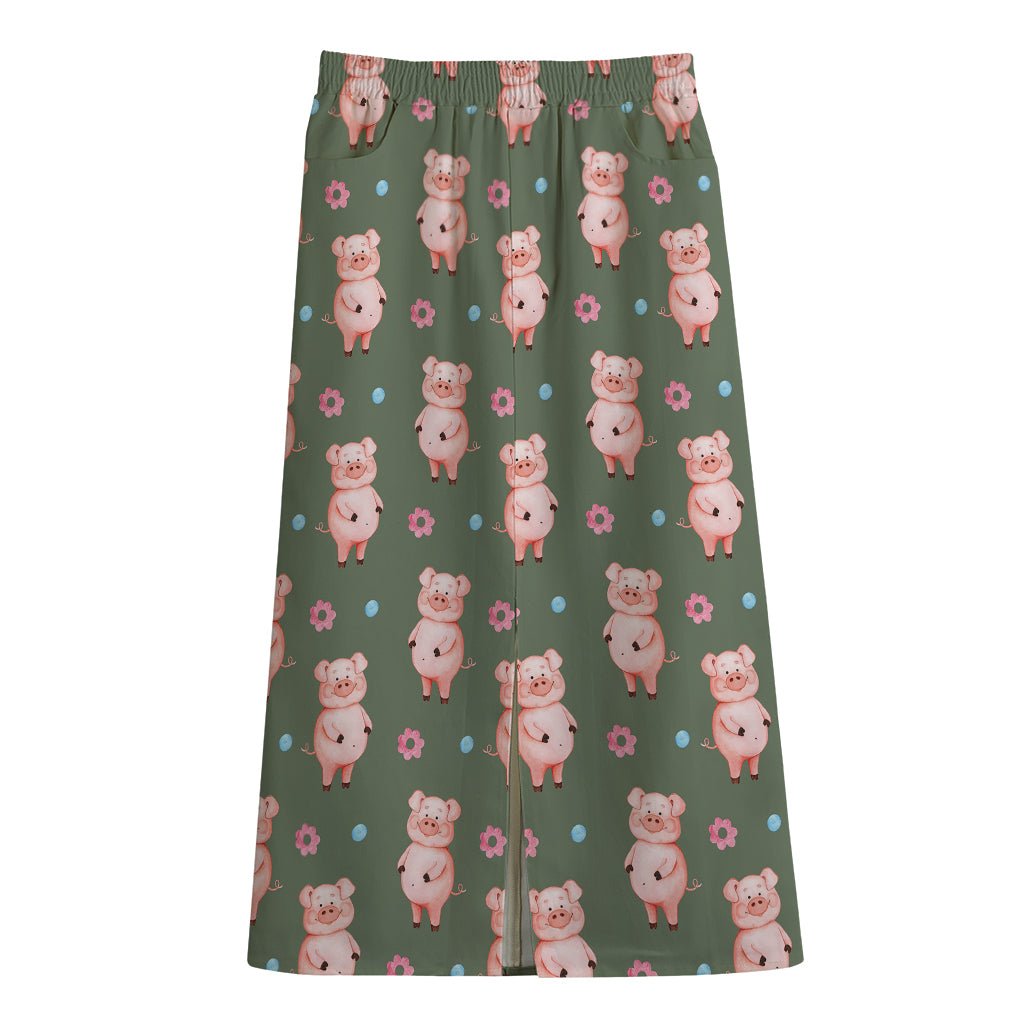 Vintage Pink Pig Pattern Print Cotton Front Slit Maxi Skirt