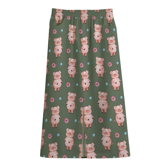 Vintage Pink Pig Pattern Print Cotton Front Slit Maxi Skirt