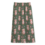 Vintage Pink Pig Pattern Print Cotton Front Slit Maxi Skirt