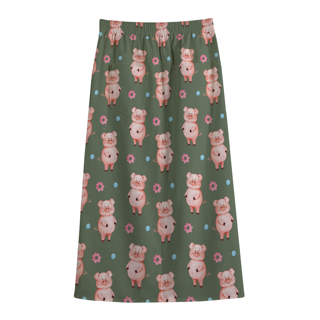 Vintage Pink Pig Pattern Print Cotton Front Slit Maxi Skirt
