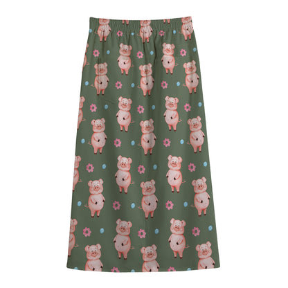 Vintage Pink Pig Pattern Print Cotton Front Slit Maxi Skirt
