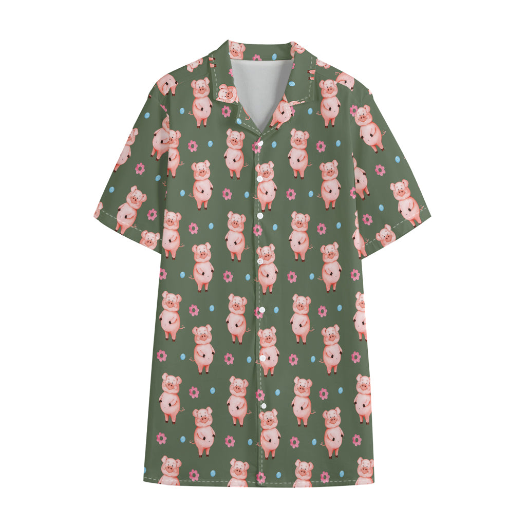 Vintage Pink Pig Pattern Print Cotton Hawaiian Shirt
