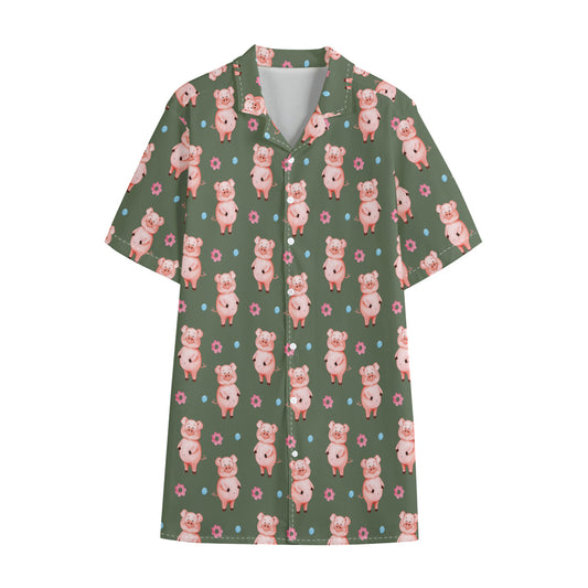 Vintage Pink Pig Pattern Print Cotton Hawaiian Shirt