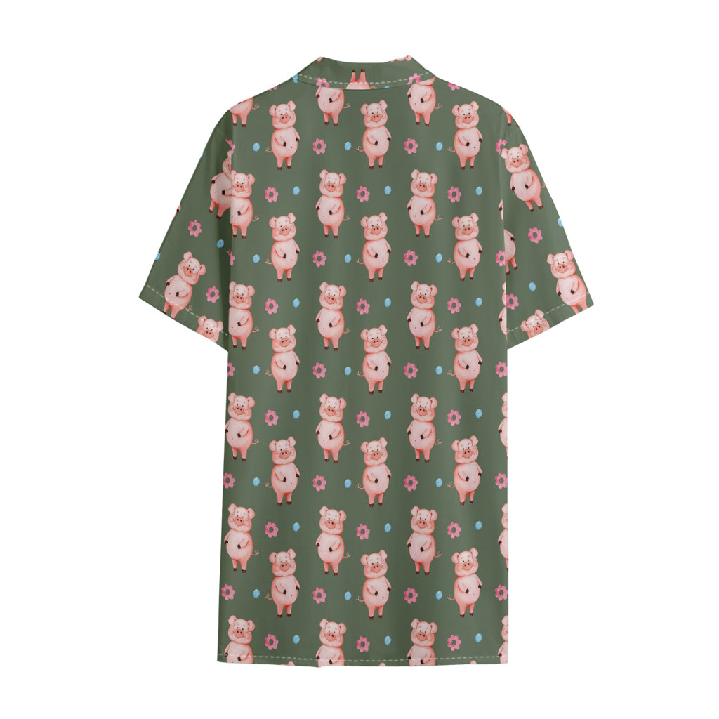 Vintage Pink Pig Pattern Print Cotton Hawaiian Shirt