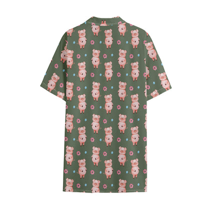 Vintage Pink Pig Pattern Print Cotton Hawaiian Shirt
