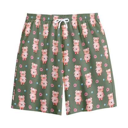 Vintage Pink Pig Pattern Print Cotton Shorts