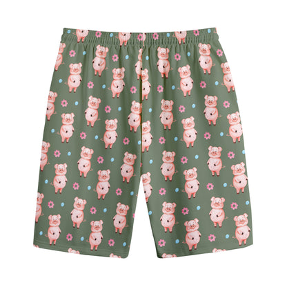 Vintage Pink Pig Pattern Print Cotton Shorts