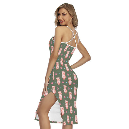 Vintage Pink Pig Pattern Print Cross Back Cami Dress