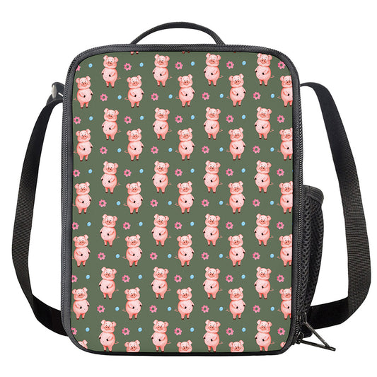 Vintage Pink Pig Pattern Print Crossbody Lunch Bag