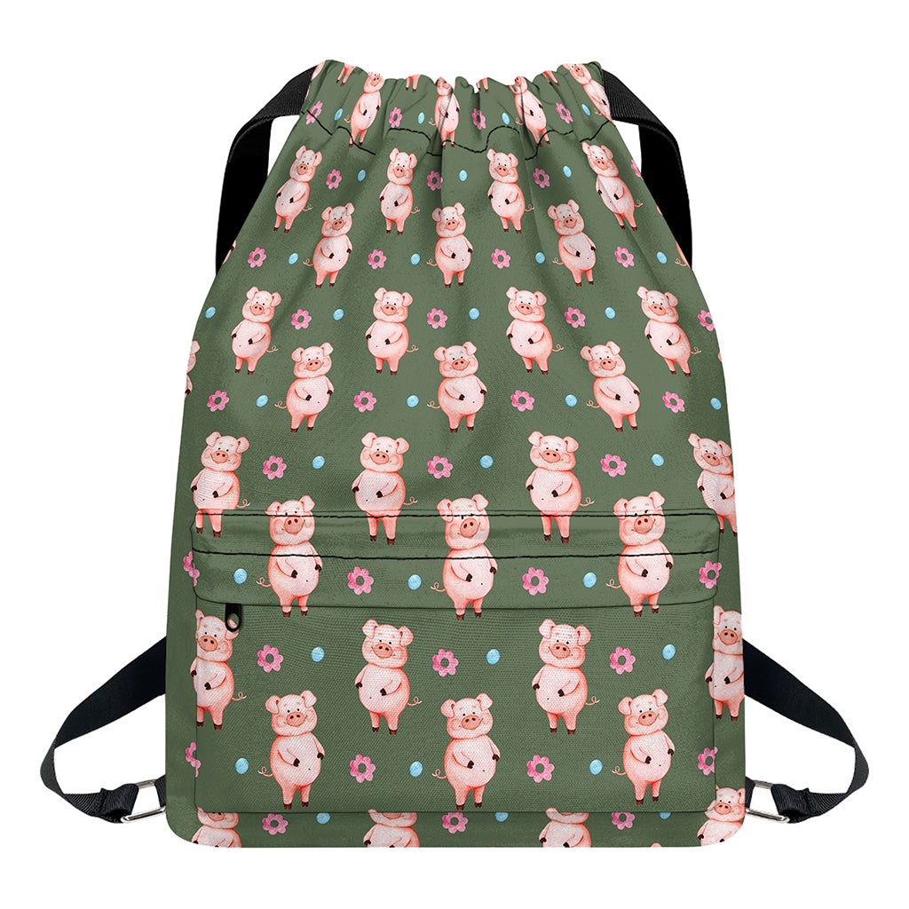 Vintage Pink Pig Pattern Print Drawstring Backpack