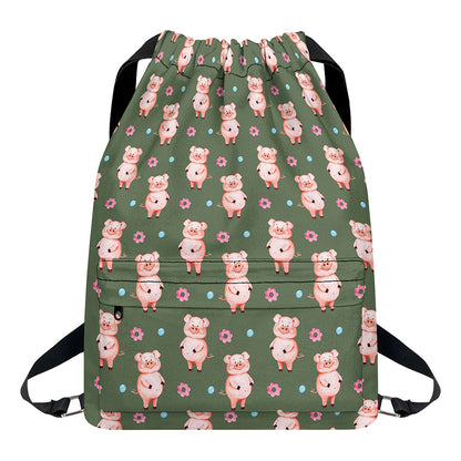Vintage Pink Pig Pattern Print Drawstring Backpack