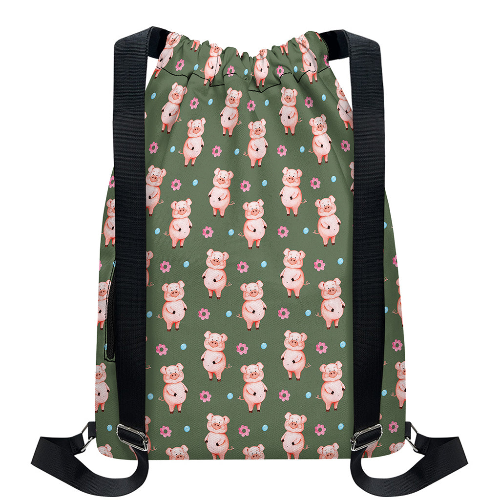 Vintage Pink Pig Pattern Print Drawstring Backpack