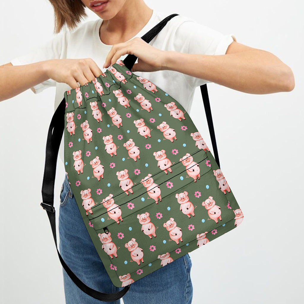 Vintage Pink Pig Pattern Print Drawstring Backpack