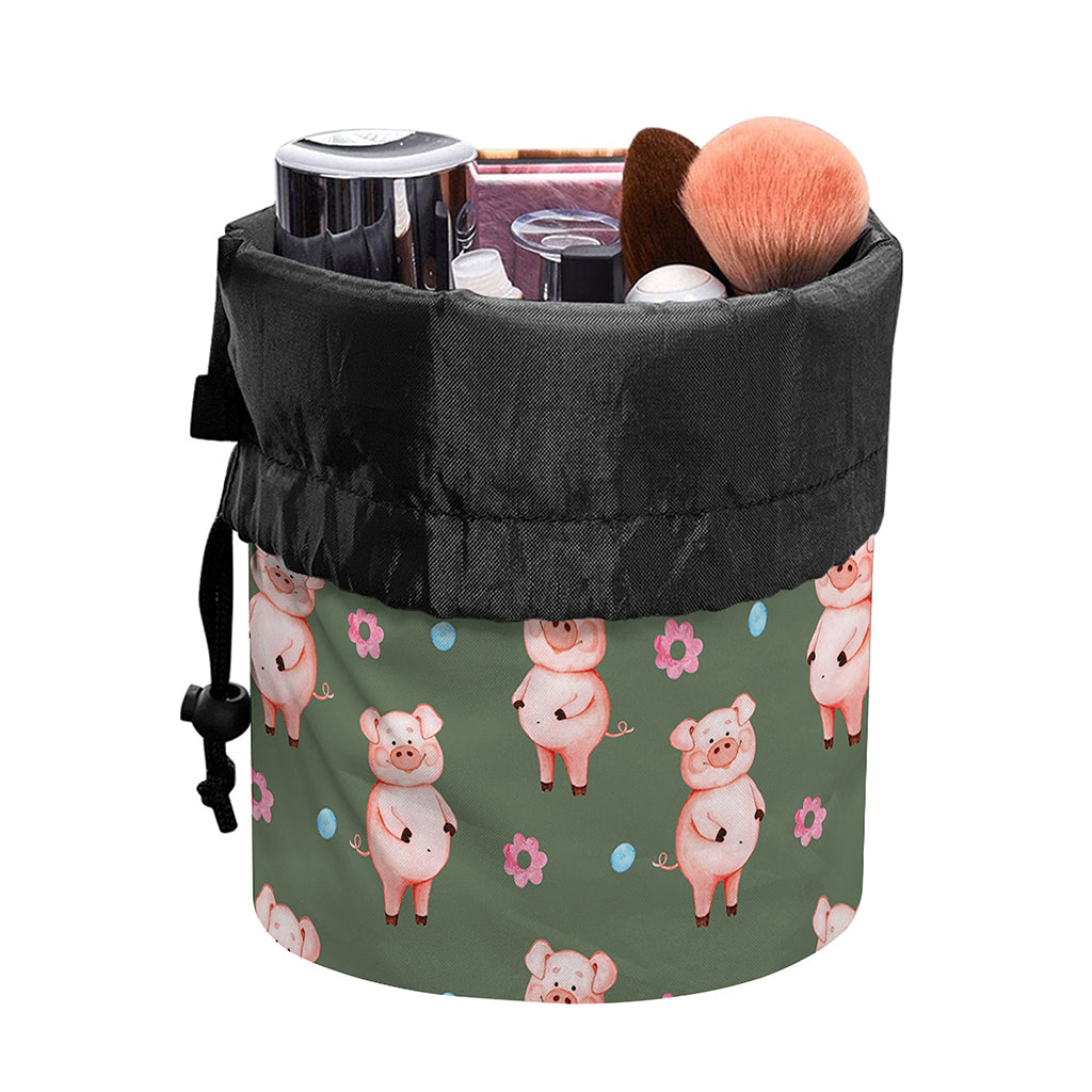 Vintage Pink Pig Pattern Print Drawstring Makeup Bag