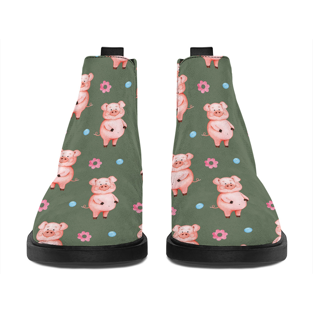 Vintage Pink Pig Pattern Print Flat Ankle Boots