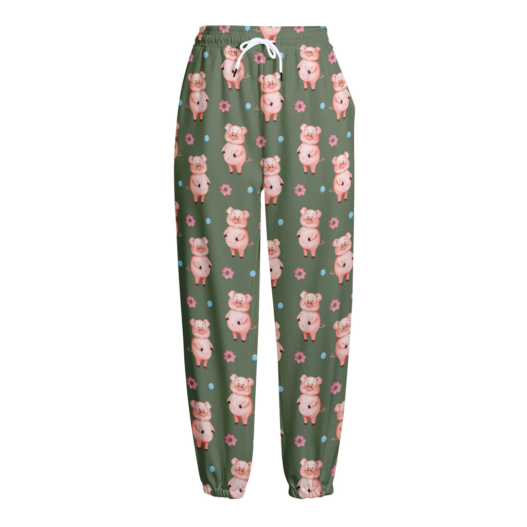Vintage Pink Pig Pattern Print Fleece Lined Knit Pants