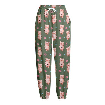 Vintage Pink Pig Pattern Print Fleece Lined Knit Pants