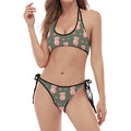 Vintage Pink Pig Pattern Print Halter Scoop Tie Side Bikini