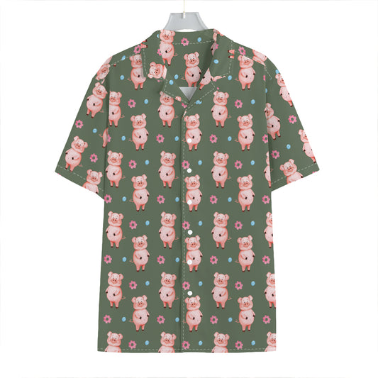 Vintage Pink Pig Pattern Print Hawaiian Shirt
