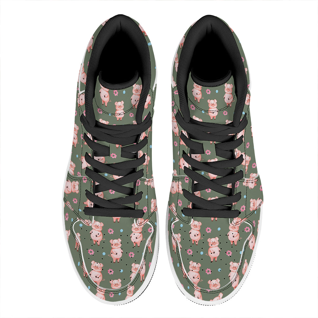 Vintage Pink Pig Pattern Print High Top Leather Sneakers