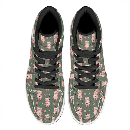 Vintage Pink Pig Pattern Print High Top Leather Sneakers