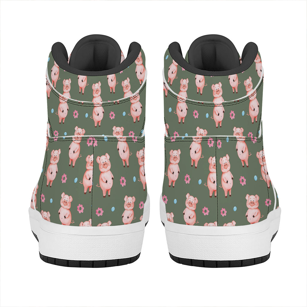 Vintage Pink Pig Pattern Print High Top Leather Sneakers