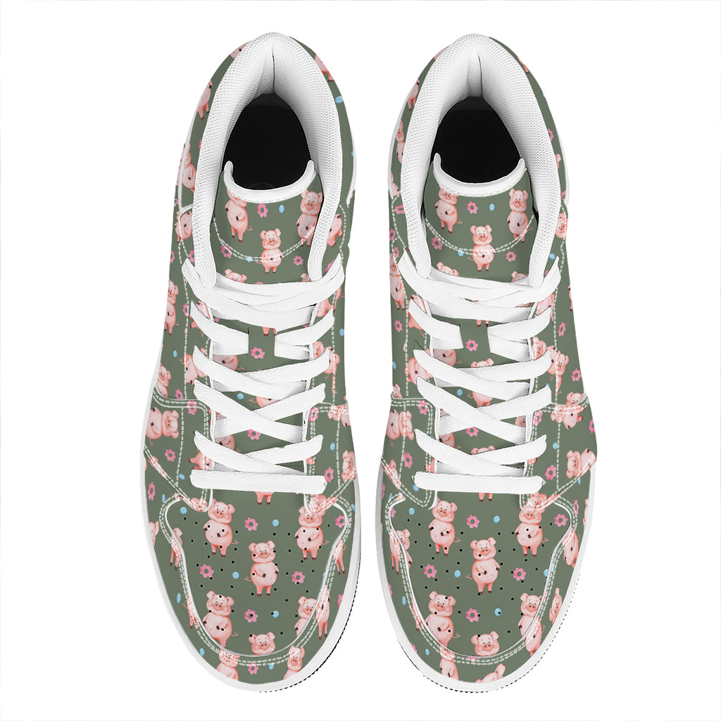 Vintage Pink Pig Pattern Print High Top Leather Sneakers
