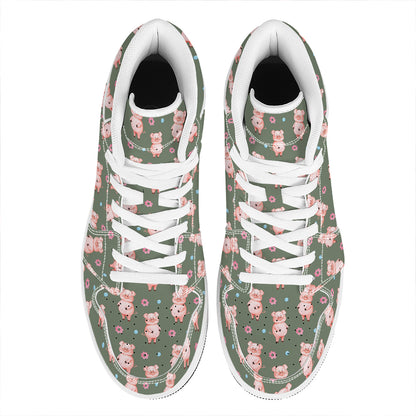 Vintage Pink Pig Pattern Print High Top Leather Sneakers