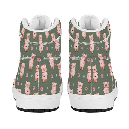 Vintage Pink Pig Pattern Print High Top Leather Sneakers